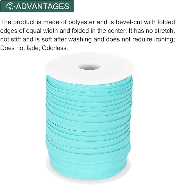 MECCANIXITY 2/5 Inch Double Fold Bias Tape Polyester Continuous Bulk Bias Tape for Sewing,Seaming Quilting Hemming Binding Crafts (Lake Blue 55 Yards)