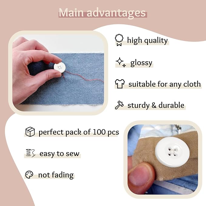 100 Pcs White Buttons for Sewing 3/4" (19mm) 4 Hole 30L Plastic Large Glossy Buttons 0.75 inch Uniform Jacket Sewing Buttons Bulk for Lab Coat Pants Suit Workwear School Outfits Aprons Crafts DIY