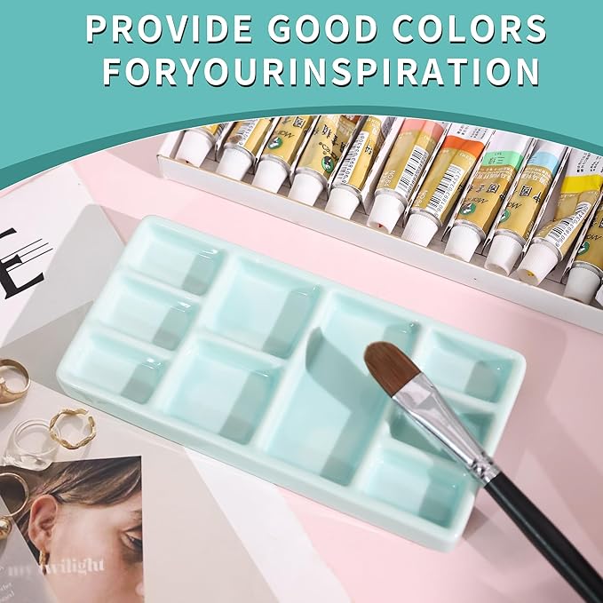 Porcelain Watercolor Palette - 10 Well Ceramic Artist Paint Palette with Mixing Tray for Painting and Craft Projects（Green）