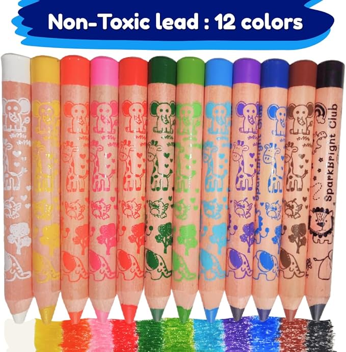Jumbo Colored Pencils– 3 in 1 function, 12 colors Non-Toxic Toddler Pencils Break-Resistant, Easy Grip Beginner colored Pencils for 2 year plus, Pre-school, Kids, those with special needs.