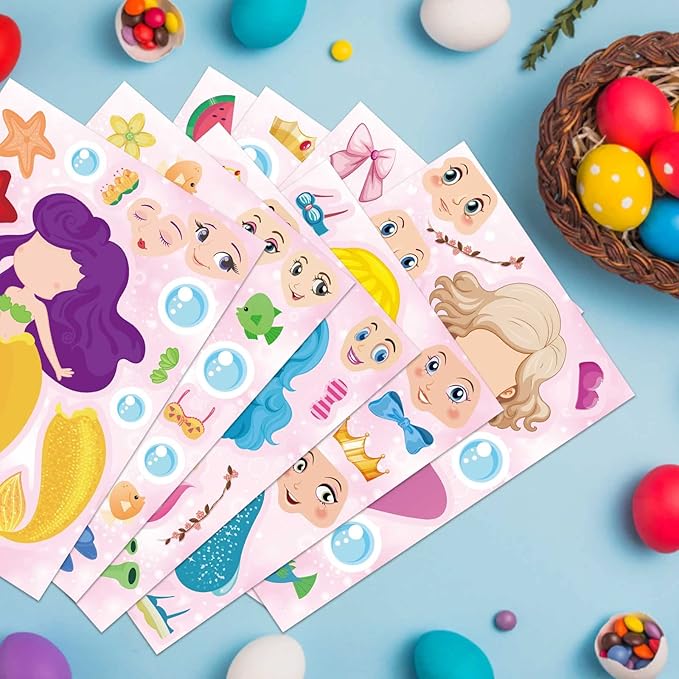 24 Sheets Mermaid Stickers Make Your Own Stickers Party Favors Mermaid Make A Face Sticker for Kids Party Favors,Classroom Teacher Rewards, Art Craft Supplies
