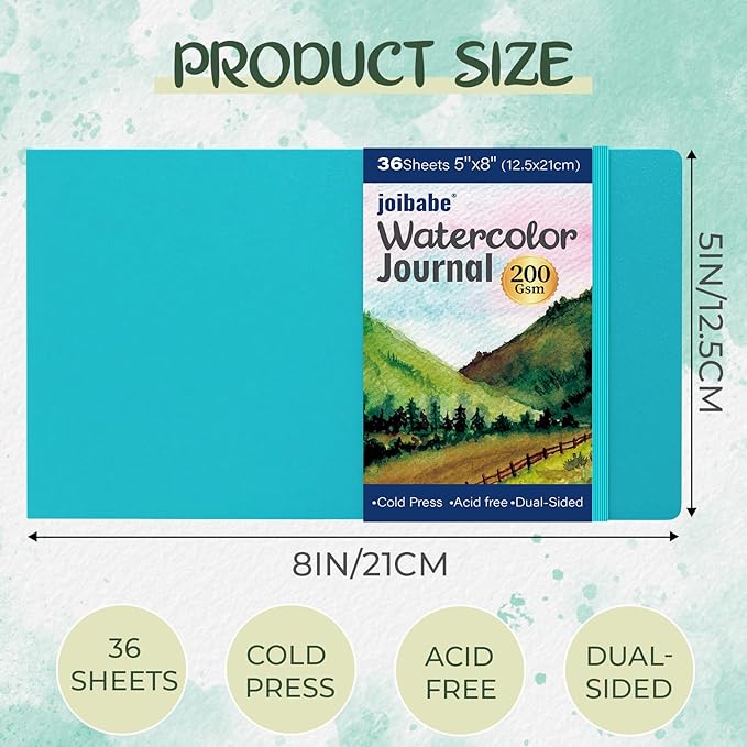 Joibabe 8” x 5” Watercolor Book,72 Pages Watercolor Pad,Cold Press,Acid-Free,(200gsm) 36 Sheets with Hardcover Watercolor Journal for Watercolors, Gouache, Acrylics and Mixed Midea（Blue）