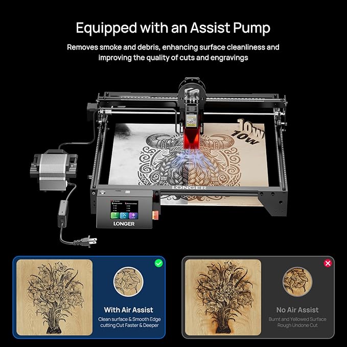 Longer RAY5 10W Laser Engraver with Air Assist Kit, Rotary Roller kit, and 8 Pcs Raiser, High Precision Laser Cutter and Engraver for Wood, Metal, Acrylic, Cylindrical Objects, Tumblers