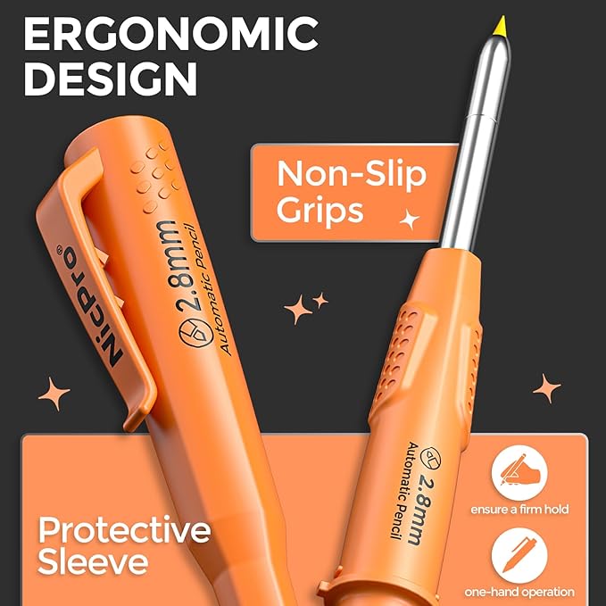 Nicpro 6 Pack CP3000 Carpenter Pencils with Sharpener, Mechanical Pencil Set with 78 Refill, Heavy Duty Construction Pencil, Carpenter Tools for Architect Marking (Red,Black,Yellow,Orange,Green,Blue)