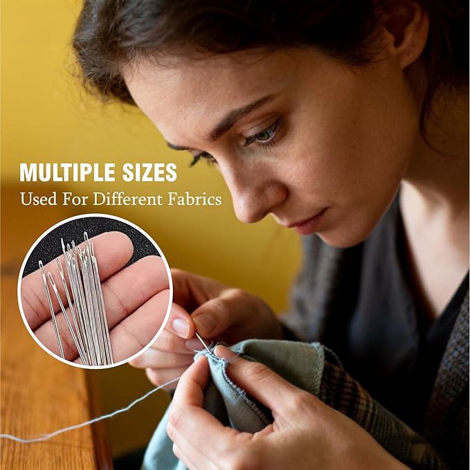 WHNICUST 46PCS Big Eye Stainless Steel Sewing Needles Kit, Hand Quilting Set with Threader and Thimble, Long Thin Needles for DIY Sewing