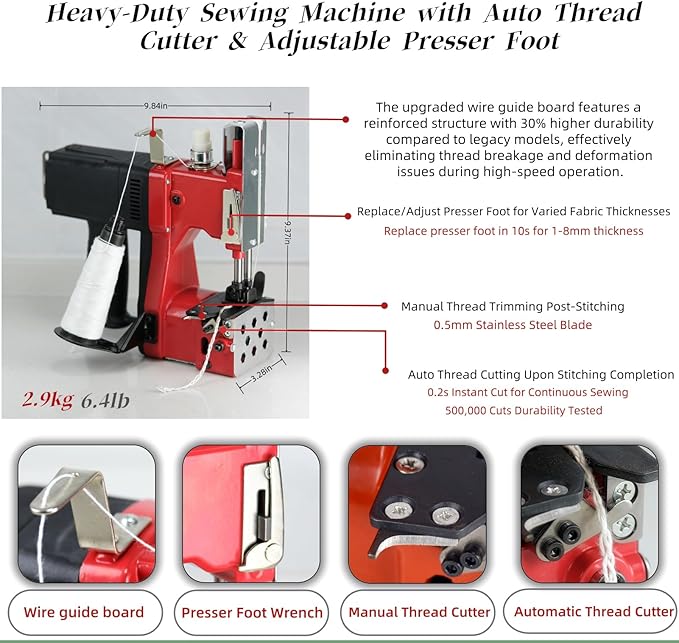 Bag Sewing Machine - 2s/bag Heavy Duty Portable Stitching Machine for Woven Bags, Non-Woven Fabrics, Leather | Warehouse & Farm Packing Tool (Red, Corded - 110V AC)