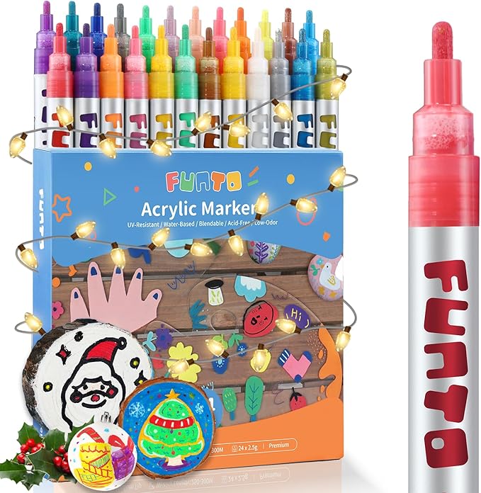 Funto Acrylic Paint Pens for Rock Painting, Fabric, Wood, Canvas, Metal, Ceramic, Glass, 24 Colors Paint Marker Set, Non-Toxic, Quick Drying