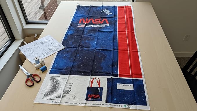 Northcott NASA Logo DIY Canvas Tote Bag Sewing Kit – Space-Themed Fabric Craft Project – Includes 24" x 43" Dark Blue & Red Fabric Panel & Instructions – Create 16" x 15" Handmade Tote Bag