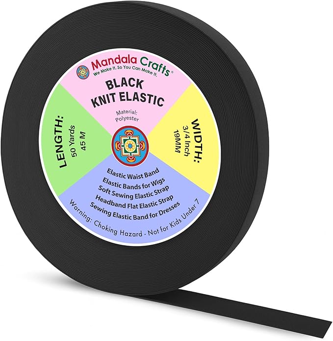 Mandala Crafts Wide 3/4 Inch Black Elastic Bands Spool for Pants Waistbands Sewing and DIY Crafts, 50 YD Stretchy Flat Fabric Strap Knit Elastic Band for Wig