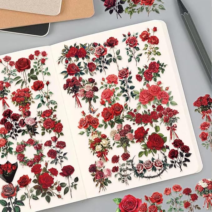 50 Pcs Vintage Red Rose Stickers for Scrapbooking – Retro Floral Clear Botanical Flower Stickers for Journaling, Aesthetic Decor, Collage, Cards Crafts