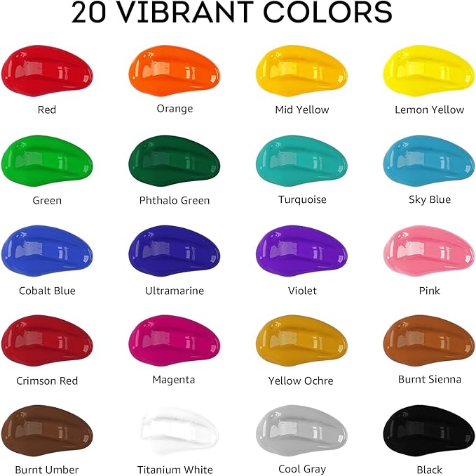 ABEIER Acrylic Paint, 20 Colors (250 ml/8.45oz) Acrylic Paint Bottle Set, Non-Toxic, Rich Pigments Bulk Painting Supplies for Canvas Crafts Wood Ceramic, Ideal for Artists, Beginners and Students