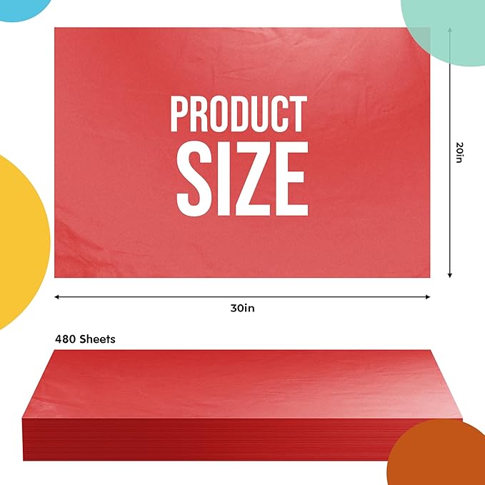 Party Solids Red Tissue Paper for Gift Bags - 20" X 30" Bulk Tissue Paper Red 480 Sheets - 10lb Newsprint for Packing, Birthday Gift Box Filler, Packing Supplies for Moving Supplies