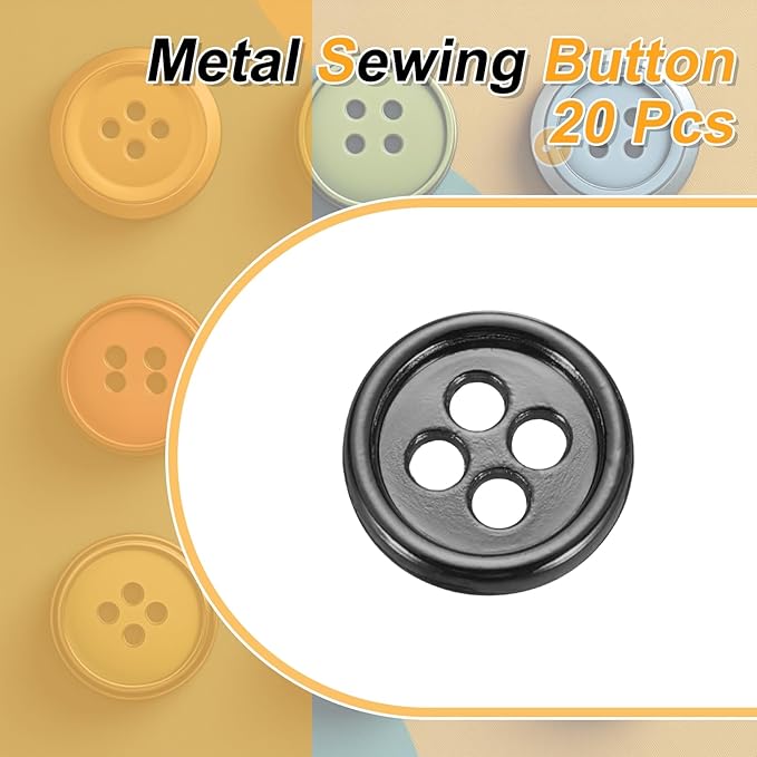 HARFINGTON 20pcs Metal Sewing Button, 10mm 4-Hole Round Suit Shirts Coats Clothes Sewing Buttons for Decoration Craft, Gunmetal