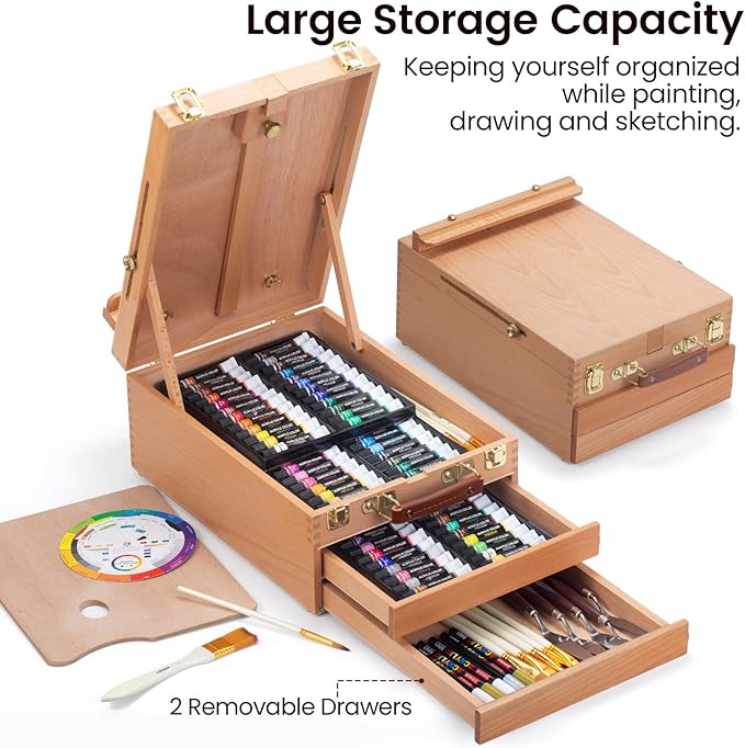 MERRIY 80-Piece Acrylic Paint Set, Artist Painting Supplies Kit with Tabletop Sketch Box Easel, 48 Colors Acrylic Paints,11"x 14"Stretched Canvas &More, Premium Acrylic Painting Set for Adults