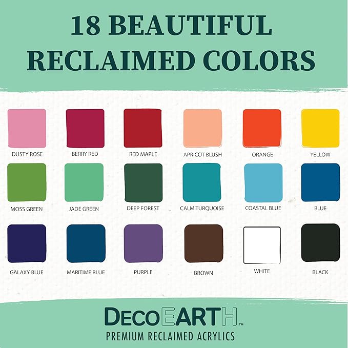 DecoArt DecoEARTH Sustainable Acrylic Paint Set – 18 Bottles (2 fl oz) + 1 Set of Eco Paint Brushes – Eco-Conscious Paint Made from Recycled Materials for Art & DIY Crafts