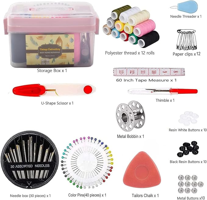 Sewing Kit for Adults & Beginners - Portable Travel Hand Sewing Supplies with Case, Thread, Needles, Scissors - Complete Basic Starter Set (Pink)