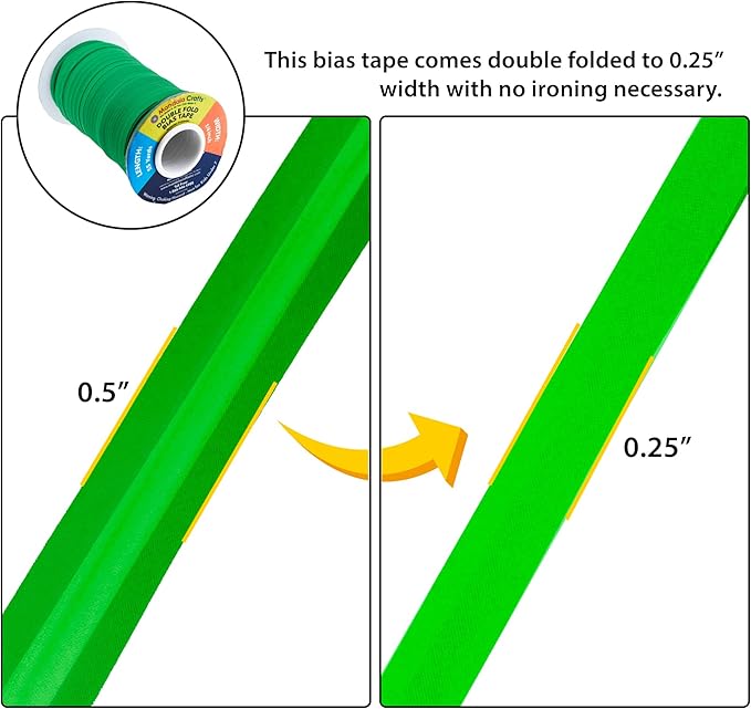 Mandala Crafts 55 Yards 1/4 Inch Green Double Fold Bias Tape for Sewing - Bias Binding Tape for Quilting Binding, Hemming, Seam, and Fabric Piping