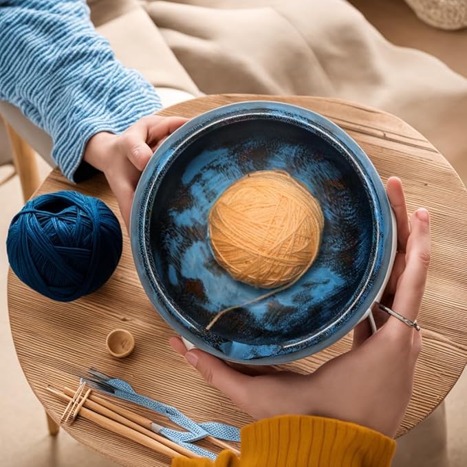 Large Wooden Blue Yarn Bowl for Crocheting - Crochet Holder (7x4) - Knitting Yarn Ball Storage - Crafting Christmas Gifts for Women, Gifts for Moms, Birthday
