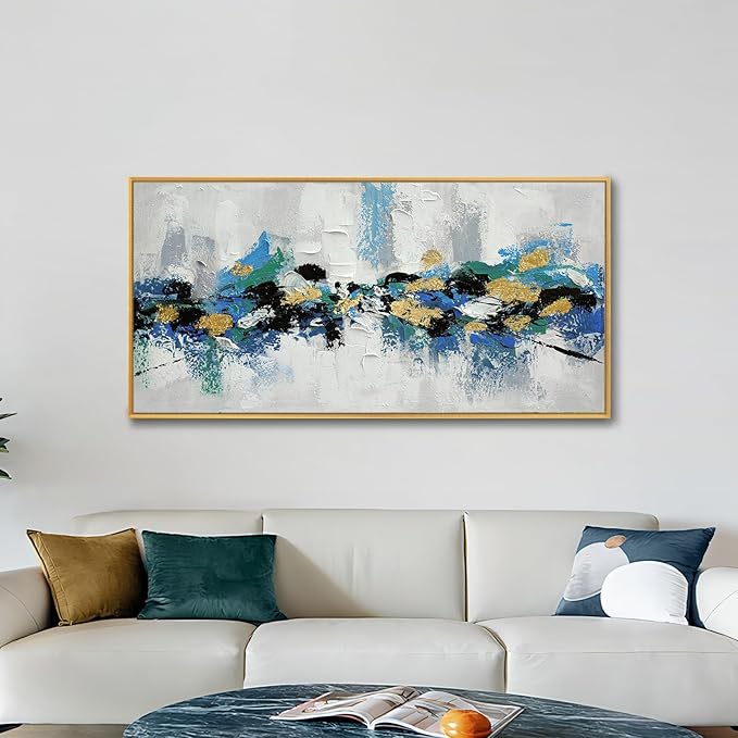 Large 100% Hand Painted Oil Painting 3D Texture Framed Canvas Wall Art White Black Blue Green Home Decor Abstract Gold Leaf Wall Painting for Living Room Bedroom Office 60x30in