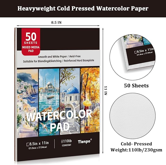 Tlenpo Watercolor Paper Pad, 8.5 x5.5 in, 110lb/230gsm, 50 Sheets, Water Color Pads for Acrylic, Gouache, Pencil. Painting Drawing Paper Book, Art Supplies for Adults, Teens, Kids