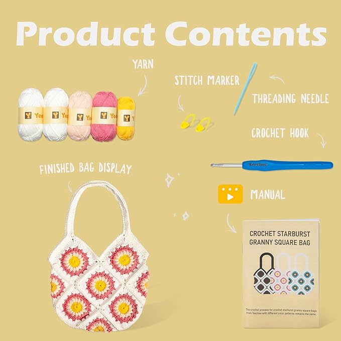 Yeezhee Crochet Kit for Advanced or Intermediate Beginners, Crochet Bag Kit with Step-by-Step Video Tutorials, Granny Square Crochet Tote Bag Set, Knitting Kit Including Yarn, Crochet Hook, Daisy