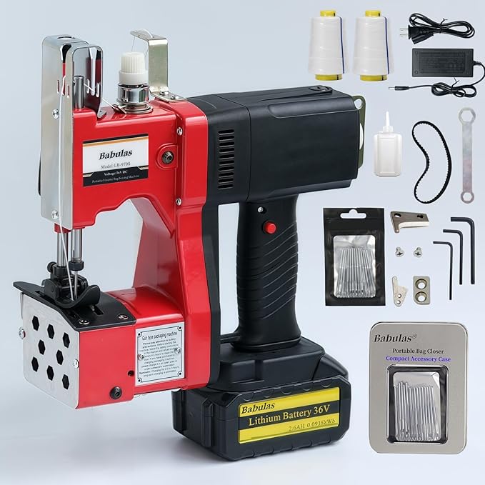 Cordless Bag Sewing Machine | Portable Industrial Bag Closer | 2-Second Fast Sealing for Woven PP/Canvas/Jute Bags | Factory & Farm Bag Stitcher (Red, Lithium Battery - 36V DC)
