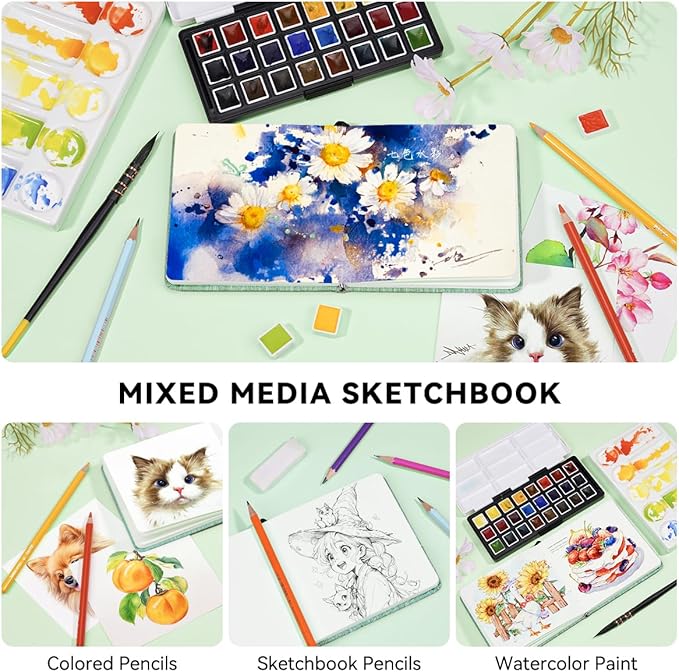 Lightwish Square Watercolor Journal,100% Cotton,300gsm/140lb,Acid-Free,24 Sheets Cold Press Watecolor Paper Sketchbook for Artists Adults Students,4.7 * 4.7 Inches