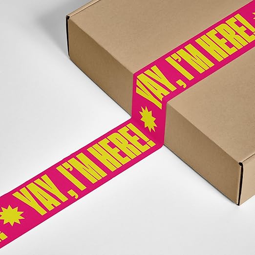 Cool Decorative Packing Tape for Small Business, Cute Designer Printed Packaging and Shipping Tape, Yay I'm Here!, Neon Pink Yellow, 1.88" x 110 Yards (330 feet)