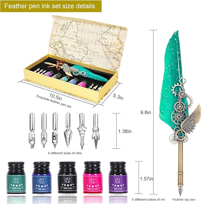 NC Quill Pen Ink Set, Feather Pen Includes 5 Bottles Ink and 6 Replaceable Stainless Steel Nibs, Mechanical Quill Calligraphy Pen for Writing, Letters, Invitations (Green)