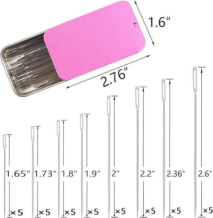 40PCS Large Eye Sewing Needles, 8 Sizes Hand Sewing Sharp Needles, Embroidery Needle, Leather Needle,Stainless Steel Yarn Needles with Threaders & Stitch Markers (Rosy Purple)
