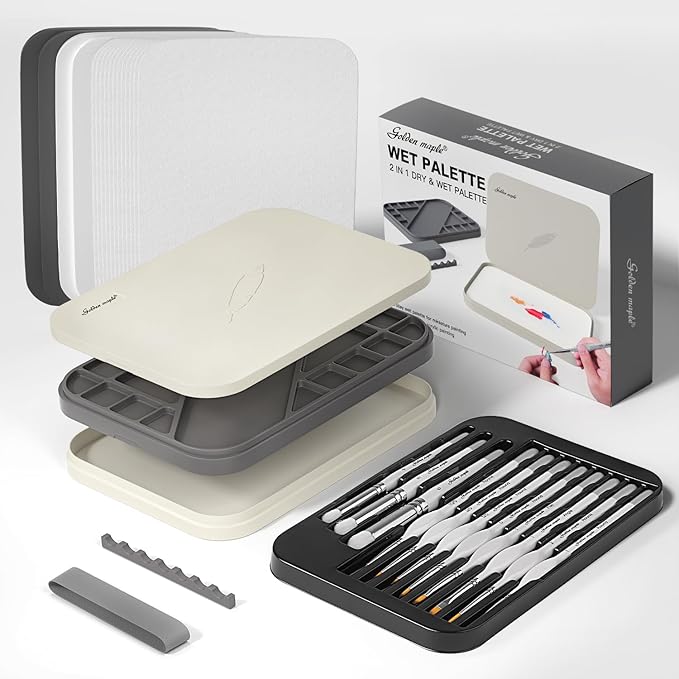 Wet Pallet for Painting Miniatures - Golden Maple 2 in 1 Dry and Wet Palette with Lid, Including 11 Miniature Paint Brushes,100PCS Palette Paper, 4PCS Sponges, Paint Brushes Holders