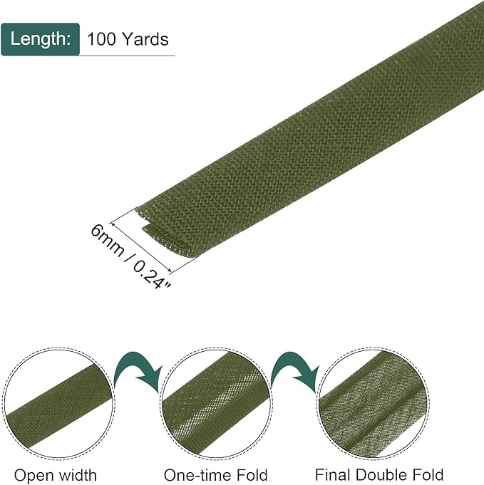 MECCANIXITY 1/4 Inch Double Fold Bias Tape Polyester Continuous Bulk Bias Tape for Sewing, Seaming Quilting Hemming Binding Crafts (Dark Green 100 Yards)