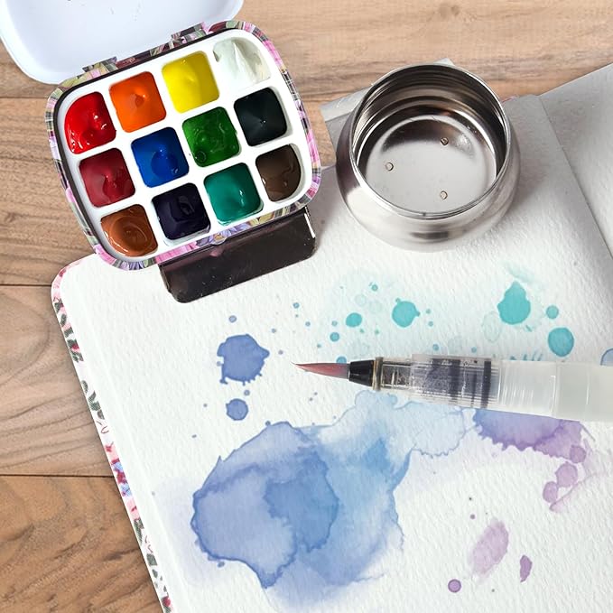 Portable Mini Tin Box,12-Well Empty Watercolor Palette,Small Paint Storage Travel Artist Outdoor Sketch Watercolor Kits with Magnetic Clip and Oil Pot.Flowers and Birds