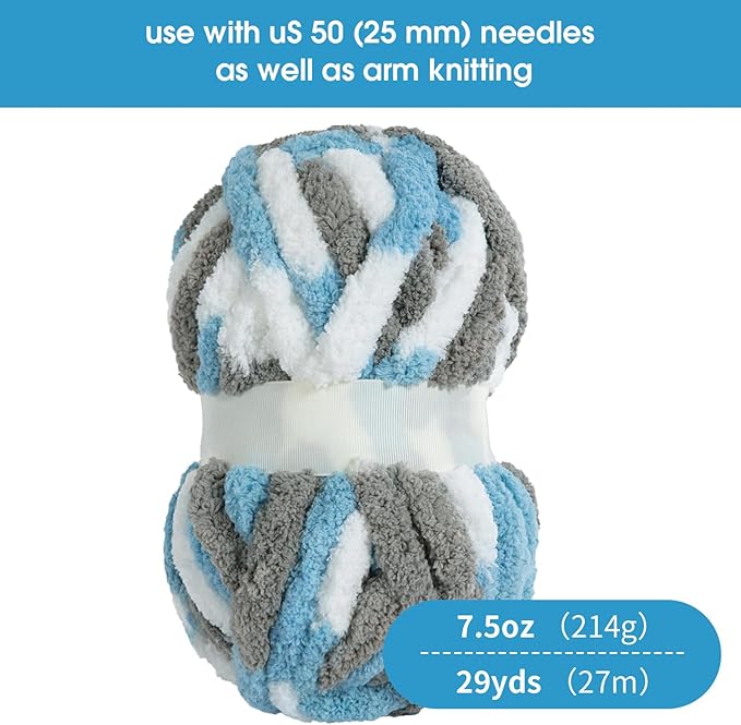 HOMBYS 8 Pack Giant Chunky Yarn for Crocheting,Super Bulky Large Soft Fluffy Yarn,Tie Dye Plush Fuzzy Yarn,Mixed Color Thick Chenille Yarn for Hand Knitting/Arm Knitting(Blue,Grey,White)