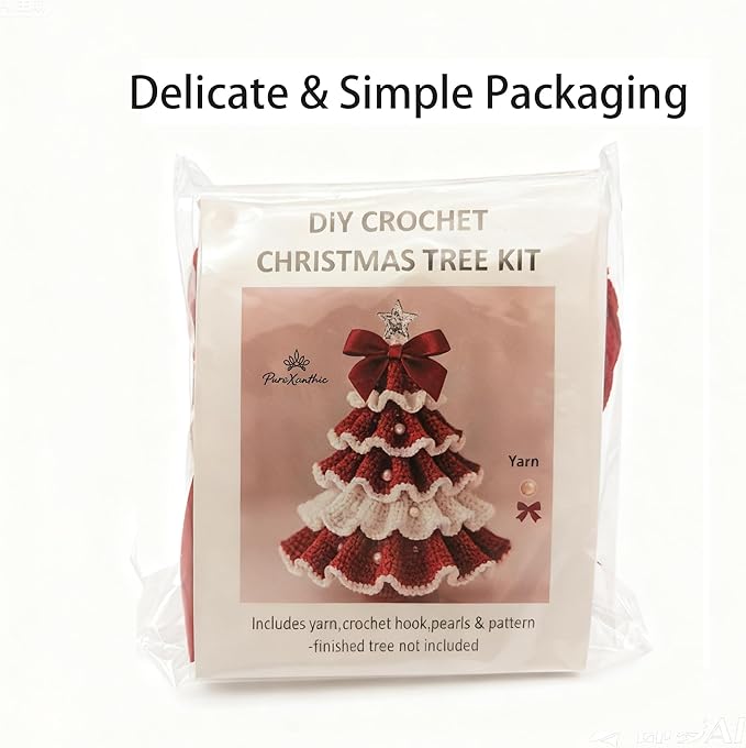 DIY Crochet Christmas Tree Kit – Handmade Holiday Decoration Set,Parent-child activities craft kit,Tree Bow Pearl Embellishment,Cross-stitch by hand,Festive decorations (Multicolour) (Red & White)