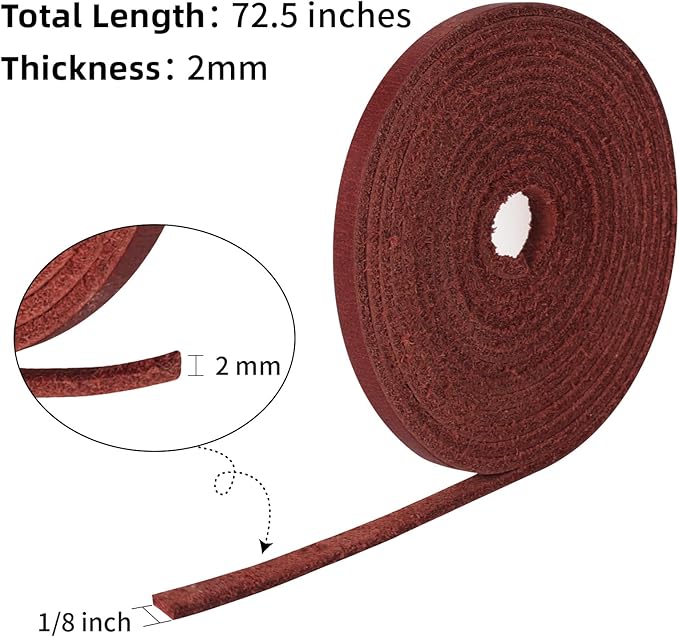 Ringsun 1/8 Inch Wide Flat Leather Strips for Crafts, Shoe Laces Boot Laces Full Grain Leather Straps Cord String for Crafts, Tooling (2mm Thick 72.5 Inches Long Red)