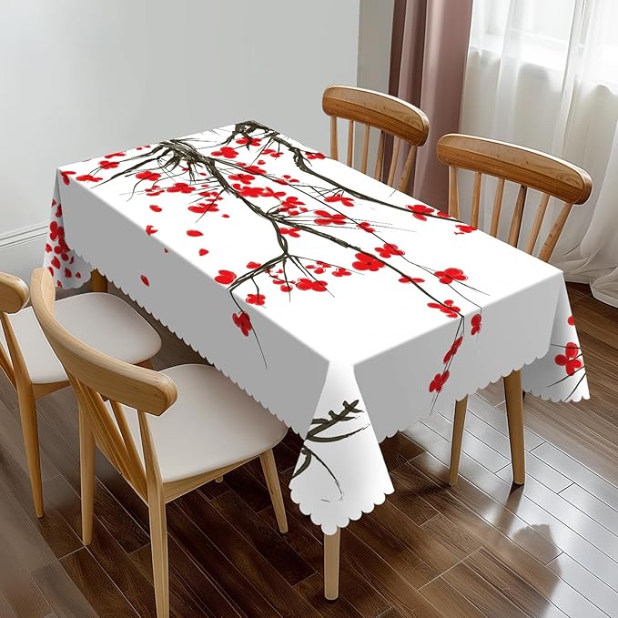 Japanese Cherry Rectangle Tablecloth Ink Painting Flower Blossom Cherry Red Table Cloth Dining Table Cover for Home Kitchen Restaurant Party Buffet Picnic 54 x 72 Inch