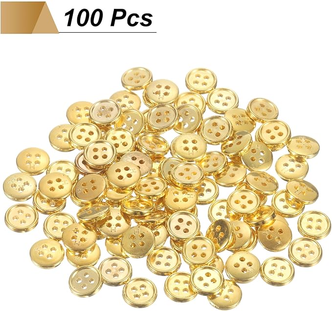 HARFINGTON 100pcs 16L Plastic Sewing Buttons 10mm 3/8" 4-Hole Round Replacement Craft Button for Coats Sewing Clothing and DIY, Gold