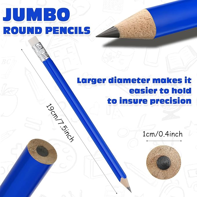 Fainne 102 Pcs Bulk Thick Jumbo Graphite Pencils Set 96 Fat Giant Large Pencils and 6 Sharpeners Enhanced Grip for Art Drafting Writing Drawing Office and Home Use(Blue,Round)