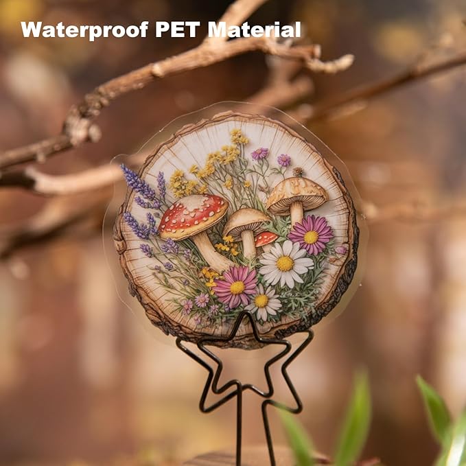60 PCS Nature PET Stickers, Faux Wood Slice Botanical Stickers with Mushrooms, Flowers, and Butterflies for Scrapbooking, Journaling, and DIY Crafts