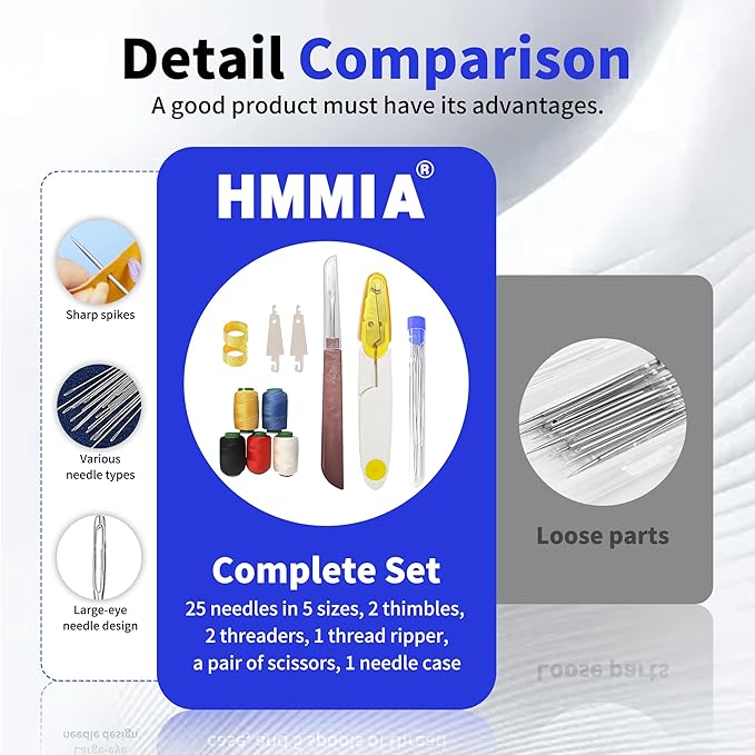 HMMIA Big Eye Steel Sewing Needles Kit, 36PCS Stainless Steel Needles for Hand Sewing, Long & Thin DIY Handmade Quilting Needle Set for Handcraft Lovers, Upholstery Repair Kit