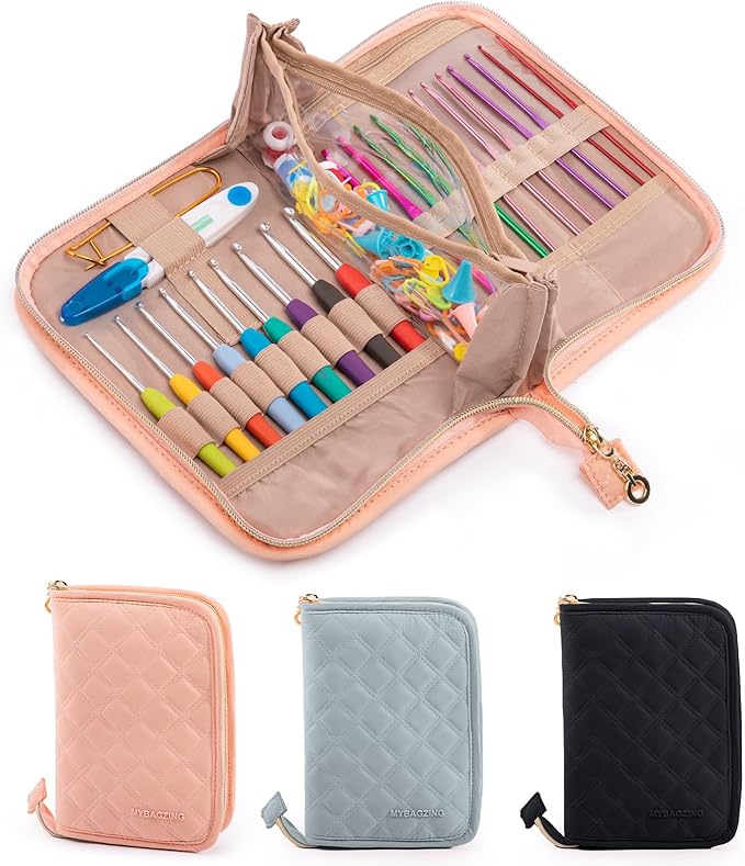 MYBAGZING Crochet Hook Case – Empty Organizer with 24 Slots for Crochet Hooks & Ergonomic Aluminum Crochet Needles, Zipper Pocket for Accessories and Supplies