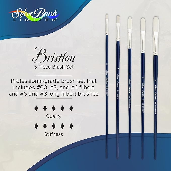 Silver Brush Limited BR-1953 Bristlon Long Handle Filbert & Long Filbert Brushes with Stiff White Synthetic Tips, 5pc Professional Painting Set for Acrylic, Oils, Gouache, Watercolor, and All Media