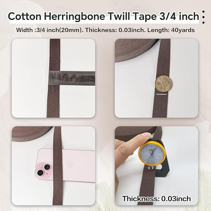 3/4 Inch Brown Cotton Twill Tape - 40 Yards Herringbone Webbing Bias Binding Tape for Sewing, Pet Collar, Crafting & DIY Projects, Gift Wrapping and Home Decor