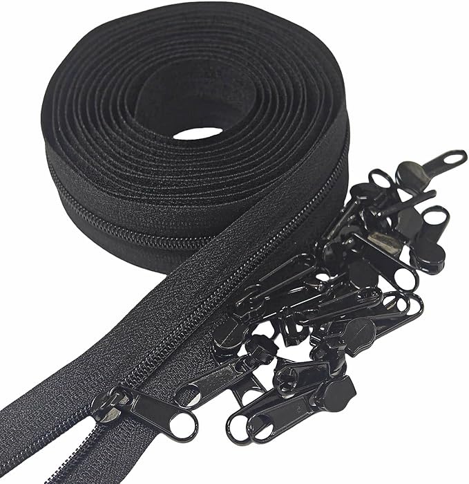 MebuZip #3 Nylon Coil Zippers by The Yard Bulk Zipper Roll Zipper Tape 10 Yards with 25pcs Pulls for Sewing Tailor DIY Craft Bags Pillows (Black 10Yards)