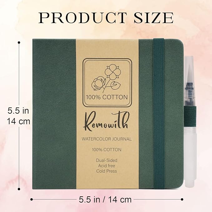 Remowith Leather Cover Watercolor Sketchbook, 6"x5.5" Journal, 300gsm Cold Press Cotton Paper (24 Sheets/48 Pages), Perfect Watercolor Journal for Markers, Pastels, Turquoise