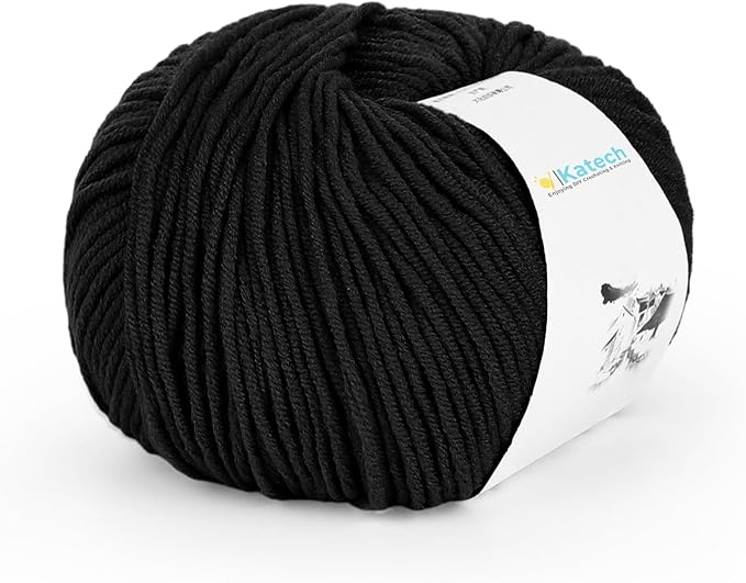 Katech Cotton Yarn for Crocheting-55% Cotton 45% Acrylic-4 Medium (Worsted)-Super Soft Milk Cotton Yarn-Great Crochet and Knitting Starter Kit for Colorful Craft（Black）
