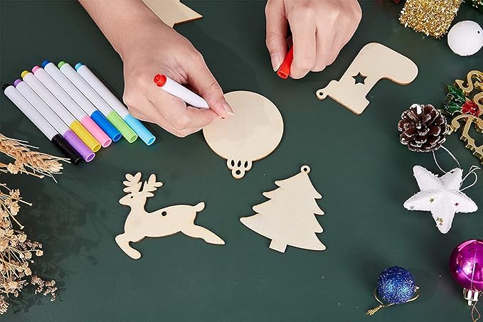 Artmag 50pcs Unfinished Wooden Hanging Ornaments for Christmas Decorations,5 Styles DIY Wood Slices with Holes for Crafts Centerpieces Holiday Hanging Decorations