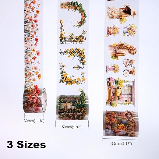Floral Sea PET Tape Set, 3 Rolls Pre-Cut Botanical Stickers for Scrapbooking, Journaling, DIY Crafts, and Collage Art (30 mm/50 mm/55 mm)