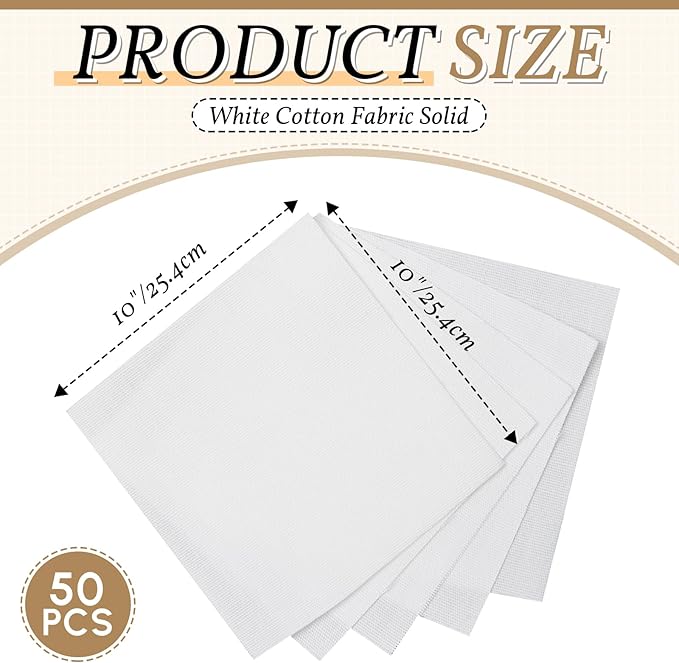 50 Pcs 10x10 Inches Cotton Fabric Squares Precut Quilting Fabric Bundles White Cotton Fabrics Squares for DIY Beginners Sewing Craft for Patchwork Sewing Scrapbooking Quilting